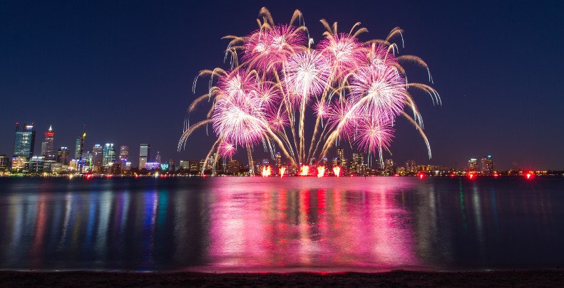 Fireworks over Perth City, Swan River.