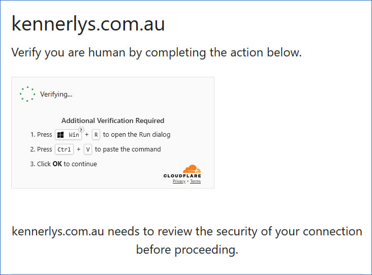 Screenshot of fake Cloudflare verification page showing Win+R instructions