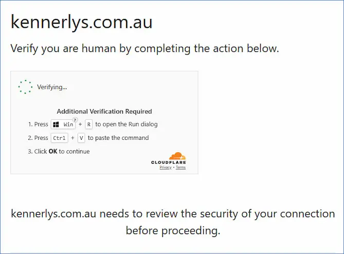 Screenshot of fake Cloudflare verification page showing Win+R instructions