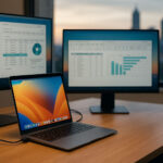 MacBook Air running two external monitors on a desk with Perth skyline in the background
