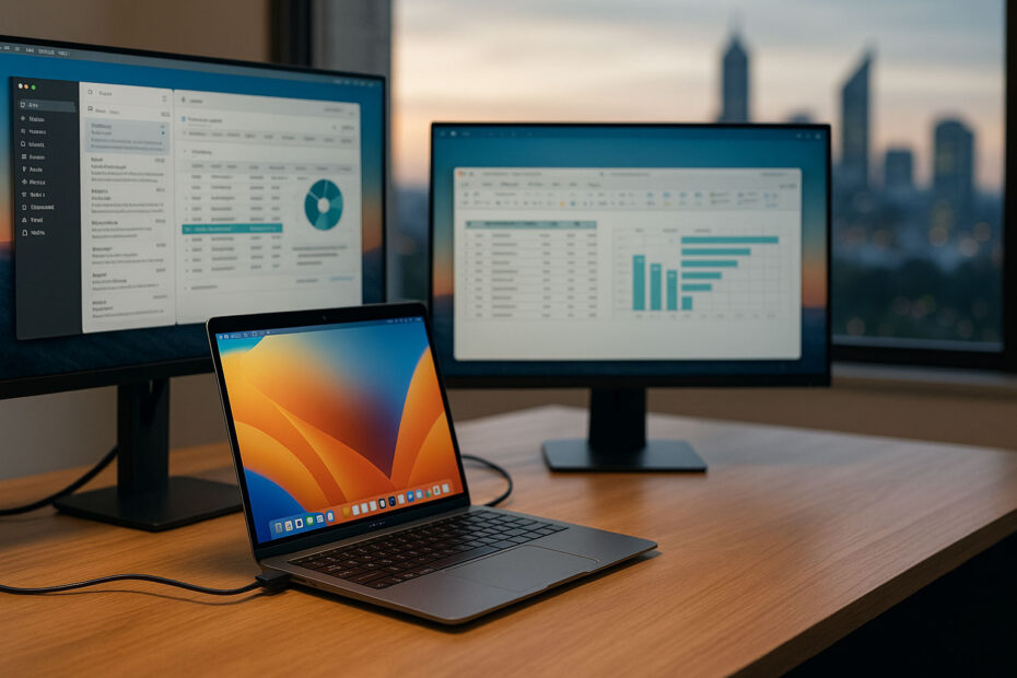 MacBook Air running two external monitors on a desk with Perth skyline in the background