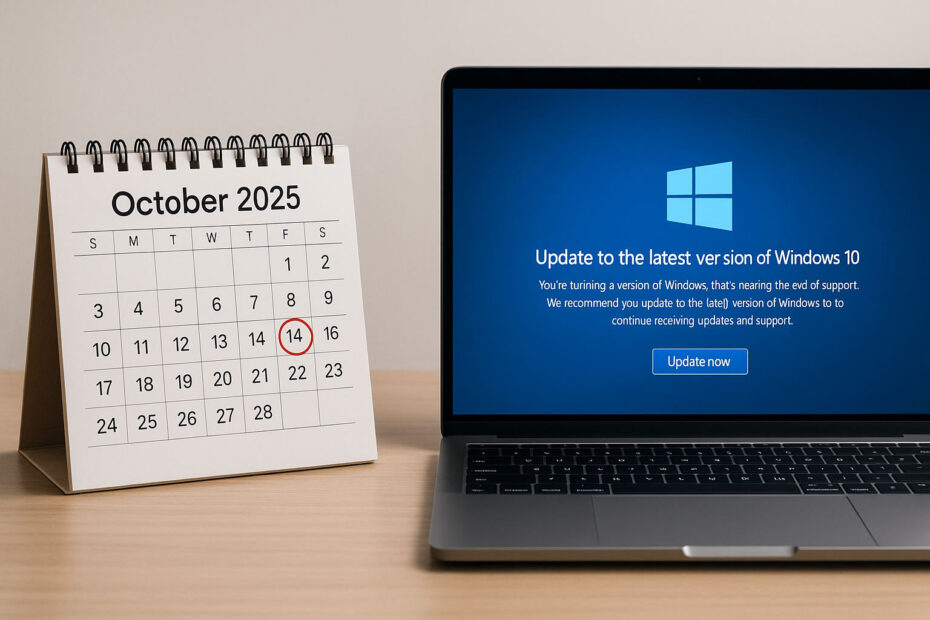 Calendar with 14 October 2025 circled next to a Windows 10 laptop upgrade prompt
