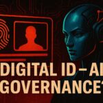 Digital illustration of a glowing biometric ID card, a surveillance eye, and a silhouette reaching toward the card, with the headline “Digital ID – AI Governance?”