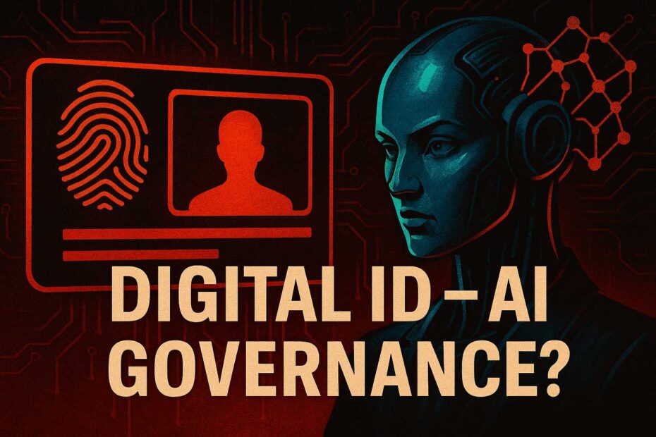 Digital illustration of a glowing biometric ID card, a surveillance eye, and a silhouette reaching toward the card, with the headline “Digital ID – AI Governance?”