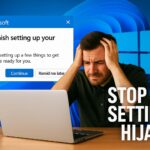 Frustrated user holding head while Windows popup says “Let’s finish setting up your device”