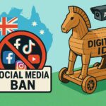 Illustration showing Australia's social media ban with a Trojan horse marked Digital ID and an ANPR surveillance camera pointing at a map of Australia