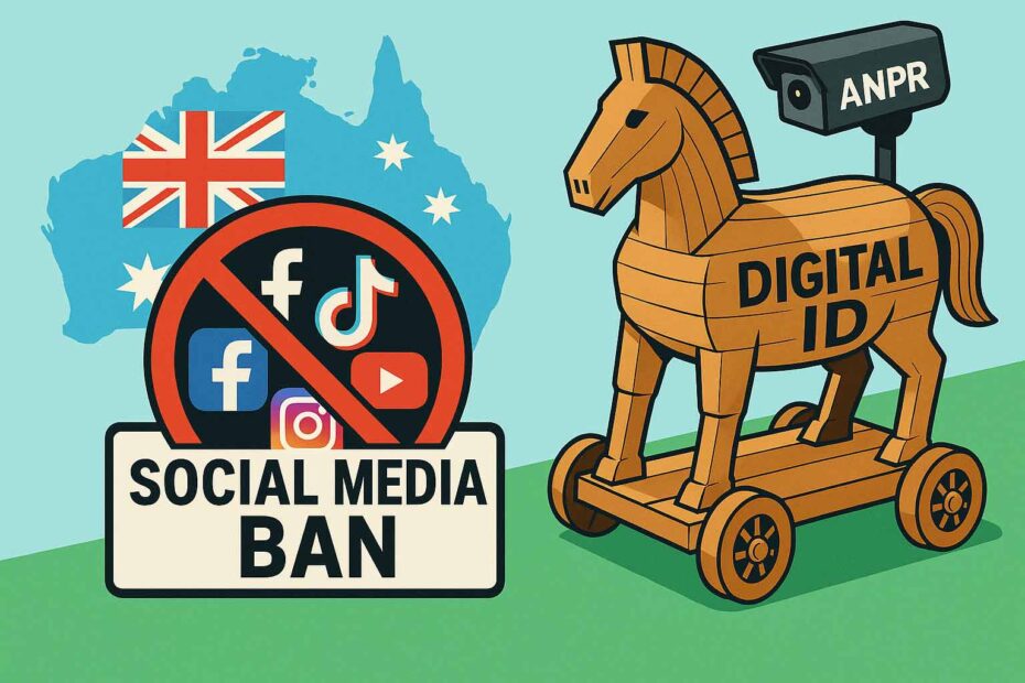 Illustration showing Australia's social media ban with a Trojan horse marked Digital ID and an ANPR surveillance camera pointing at a map of Australia