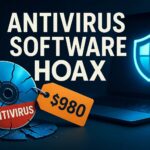 Shattered antivirus CD with a bright $980 price tag beside a laptop displaying a glowing Windows Defender shield, under the headline “Antivirus Software Hoax”.