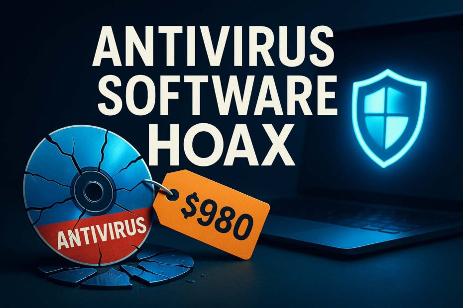 Shattered antivirus CD with a bright $980 price tag beside a laptop displaying a glowing Windows Defender shield, under the headline “Antivirus Software Hoax”.