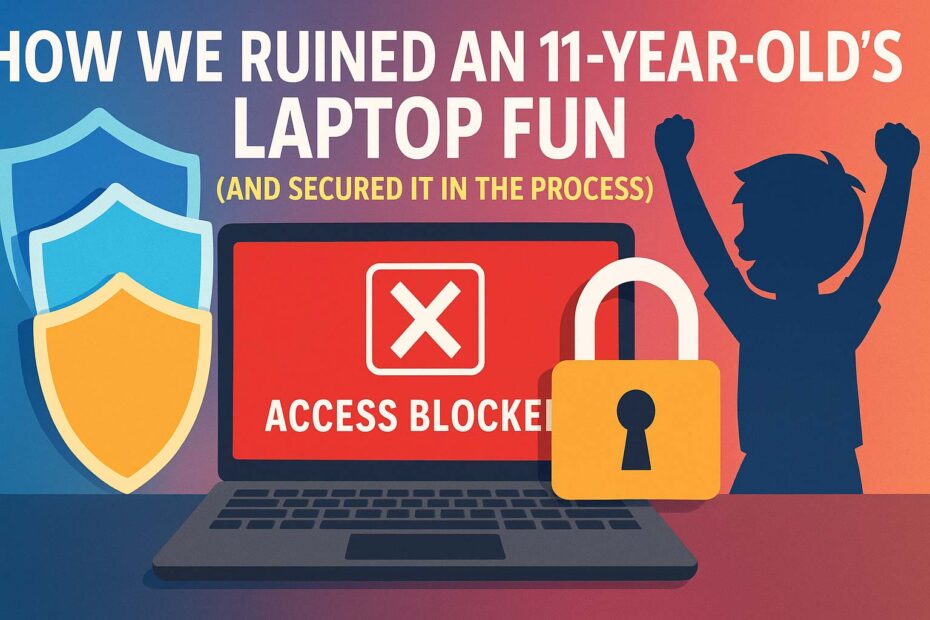 Colorful illustration of a laptop showing “Access Blocked,” layered shields, padlock, and a puzzled child silhouette – representing multiple parental-control layers