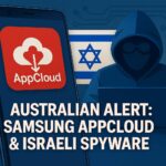 Samsung smartphone and AppCloud logo beside Israeli flag, representing spyware and privacy concerns in Australia