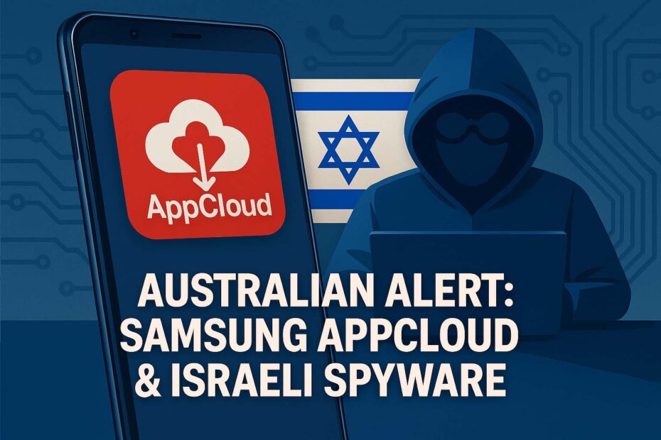 Samsung smartphone and AppCloud logo beside Israeli flag, representing spyware and privacy concerns in Australia