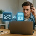 Confused laptop buyer looking at a Core Ultra vs Core i comparison on a laptop screen at a tidy wooden desk