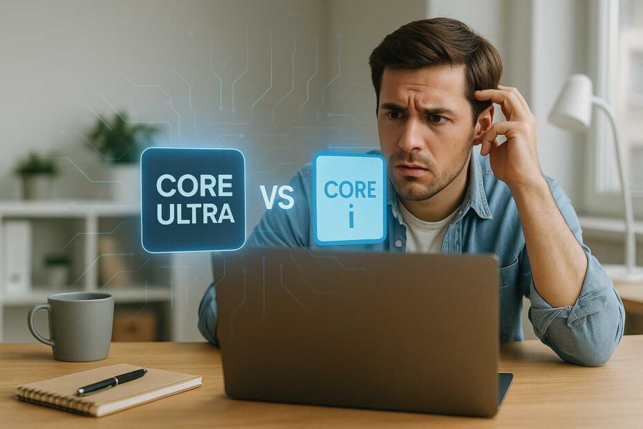 Confused laptop buyer looking at a Core Ultra vs Core i comparison on a laptop screen at a tidy wooden desk