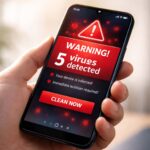 Android phone showing a fake virus warning popup scam message