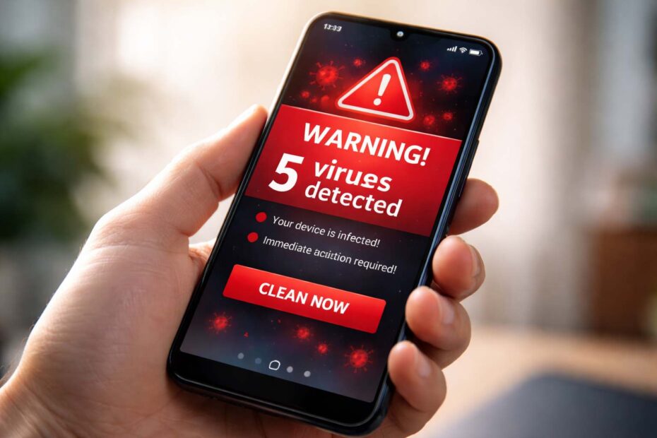 Android phone showing a fake virus warning popup scam message