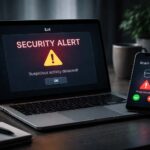Laptop showing a security alert while a phone call from a scammer appears on a smartphone nearby