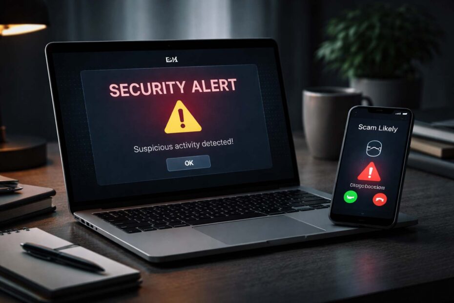 Laptop showing a security alert while a phone call from a scammer appears on a smartphone nearby