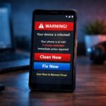 Android phone showing a fake virus popup warning with scam-style buttons like Clean Now and Fix Now