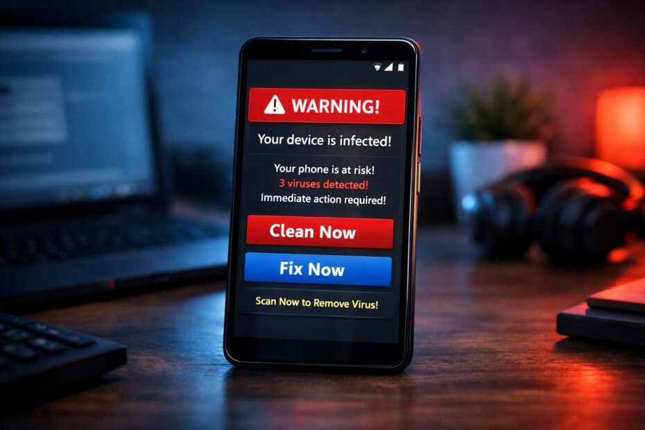 Android phone showing a fake virus popup warning with scam-style buttons like Clean Now and Fix Now
