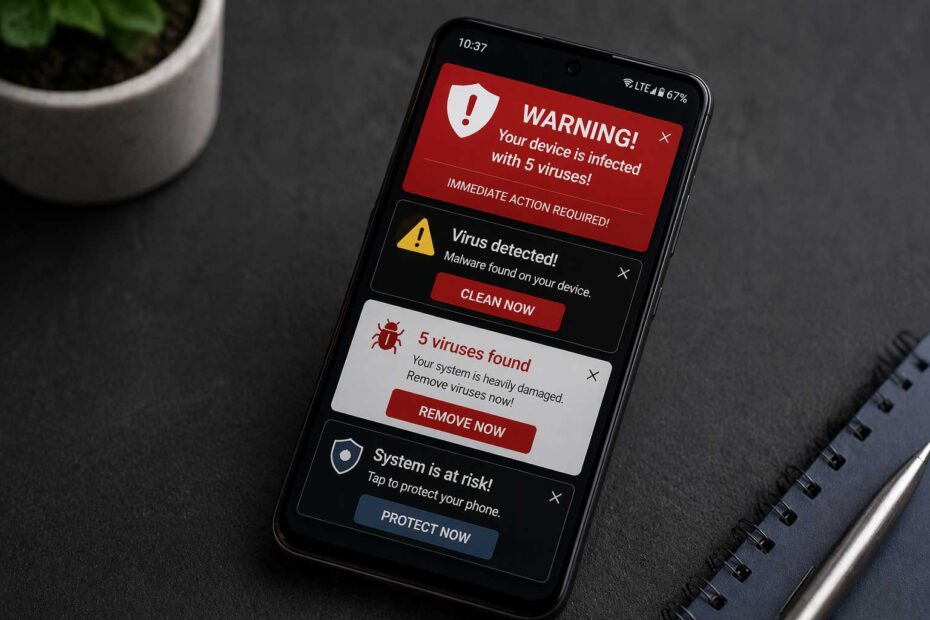 Smartphone showing fake virus warning popups causing concern