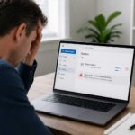 Laptop showing email stuck in outbox with frustrated user