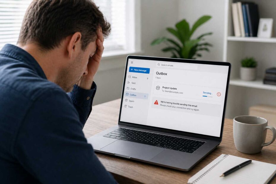 Laptop showing email stuck in outbox with frustrated user