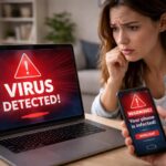 Laptop and phone showing fake virus warnings causing concern
