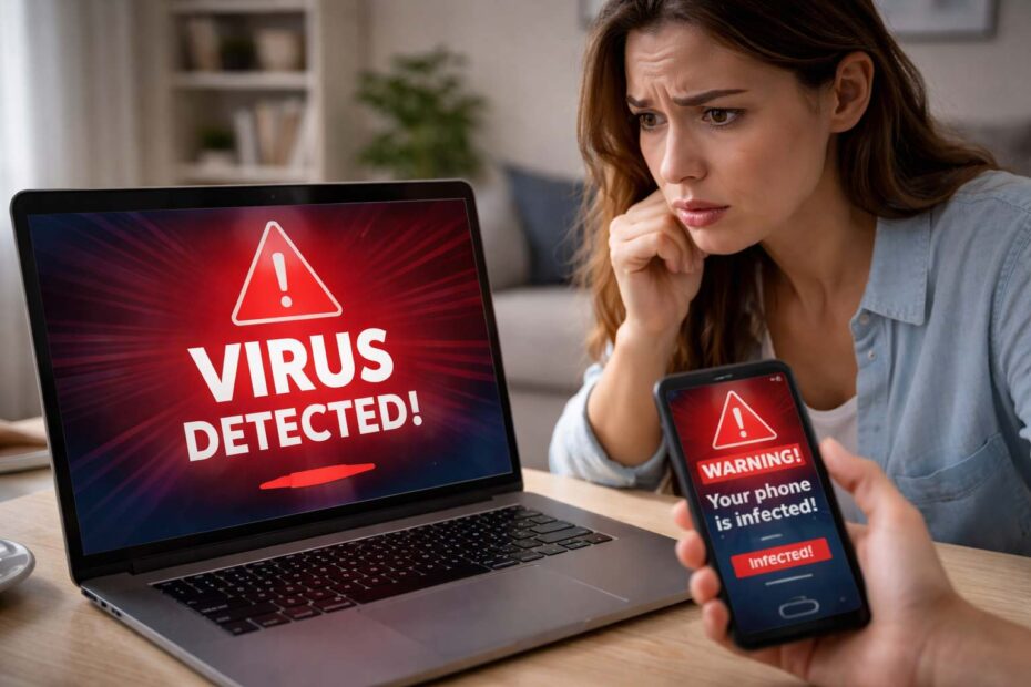 Laptop and phone showing fake virus warnings causing concern