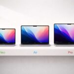 Comparison of MacBook Neo, MacBook Air and MacBook Pro showing performance tiers