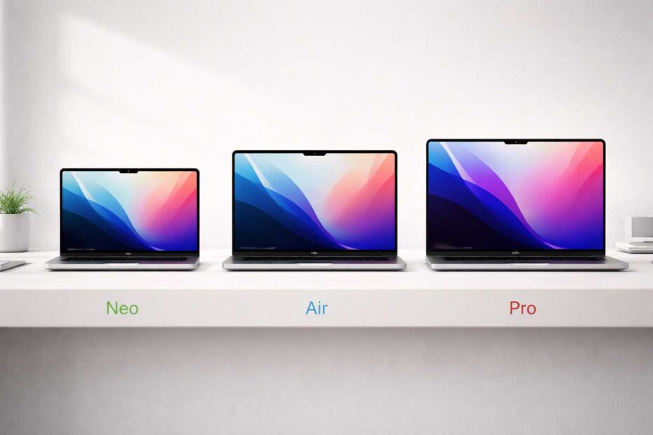 Comparison of MacBook Neo, MacBook Air and MacBook Pro showing performance tiers