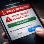 Smartphone showing fake virus warning after tapping allow notification prompt