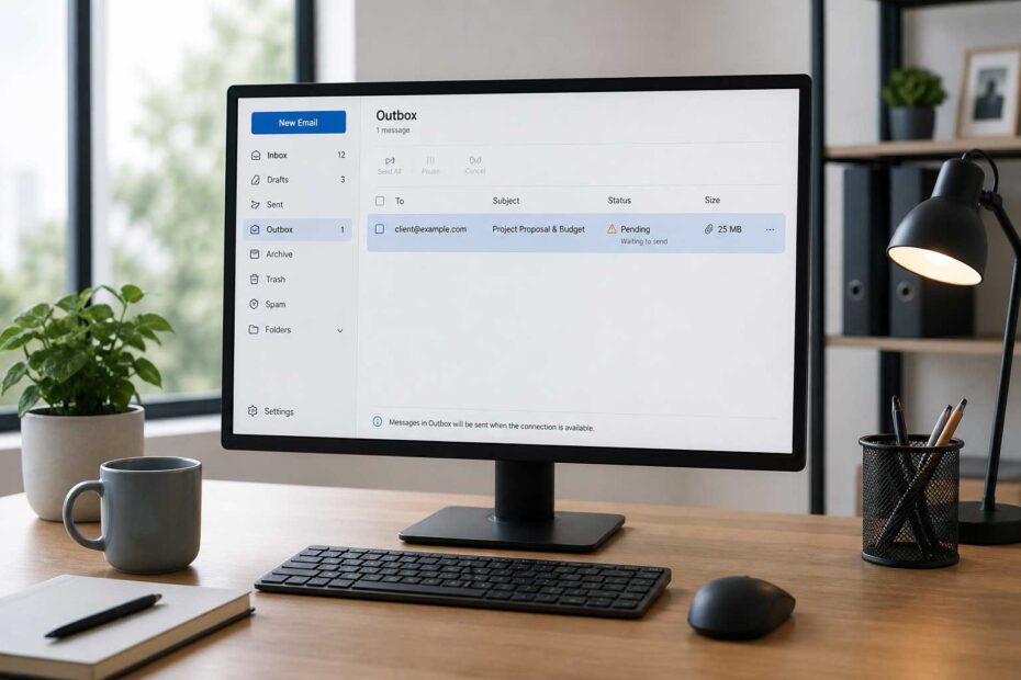 Email message stuck in an Outbox on a computer screen