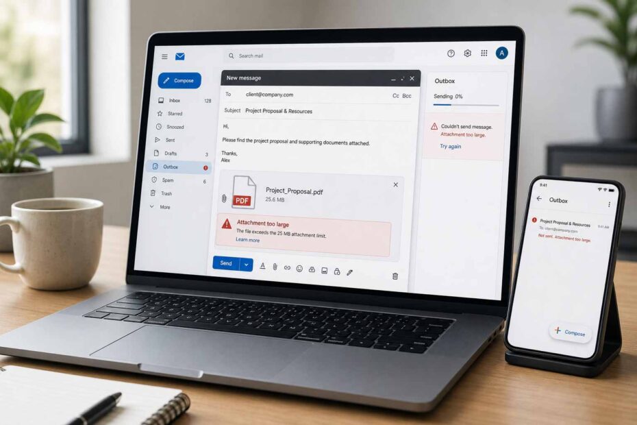 Laptop email screen showing a stalled attachment sending problem.
