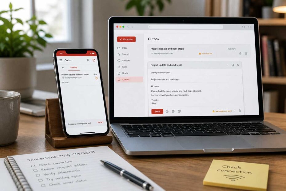 Phone and laptop showing an email sending problem being checked