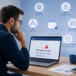 Small business email sending problem shown with generic server, domain and authentication icons.