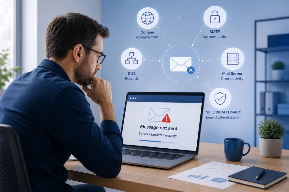 Small business email sending problem shown with generic server, domain and authentication icons.
