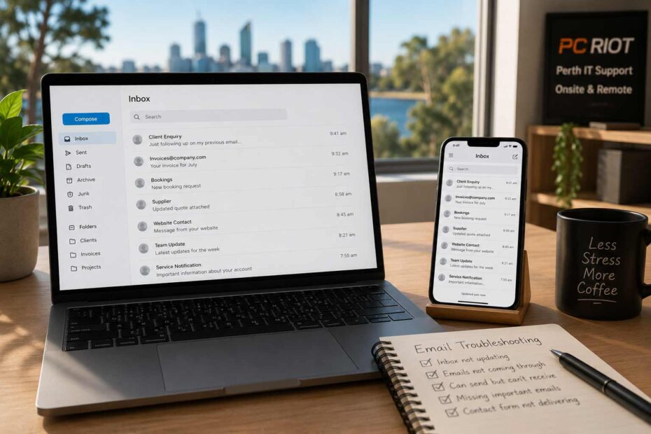 Perth email troubleshooting for emails not receiving on a laptop and phone