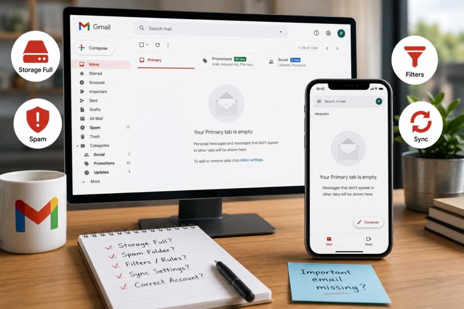 Gmail inbox on a computer and phone with storage, spam and sync problems