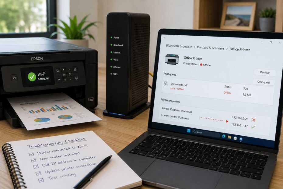 Printer showing offline on a computer after receiving a new network address from a replacement router