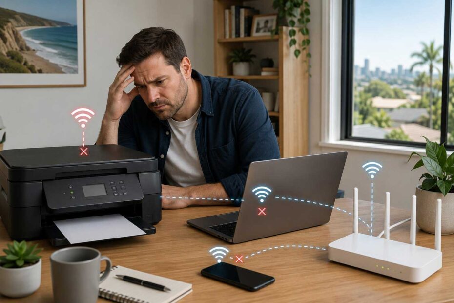 Wireless printer disconnected from a new modem in a Perth home office