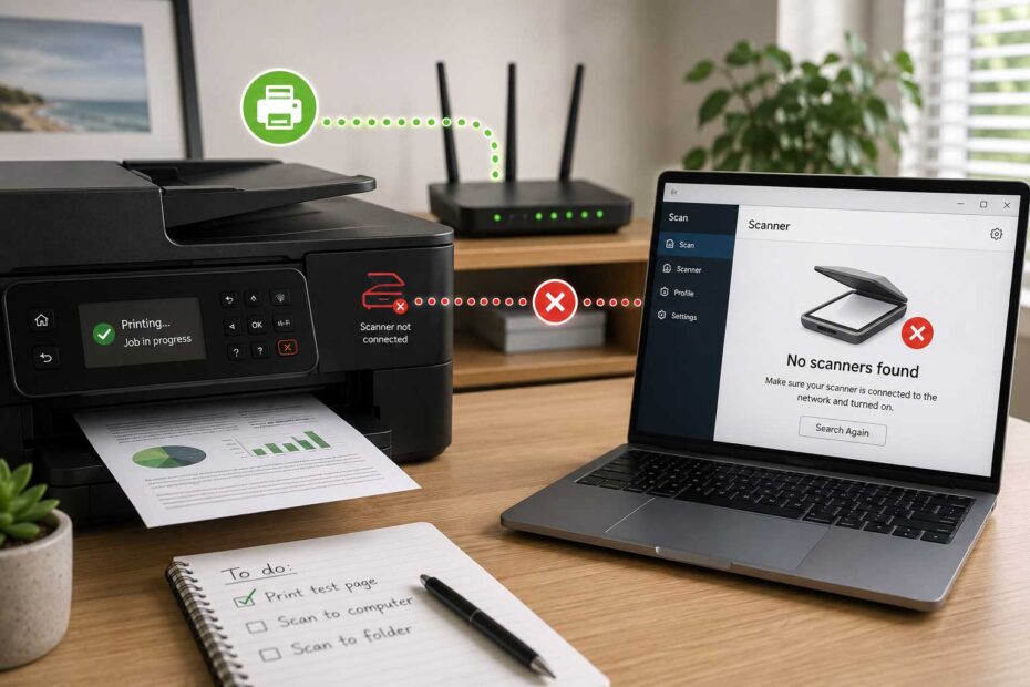 Multifunction printer printing while its scanner cannot connect to a computer after a new modem