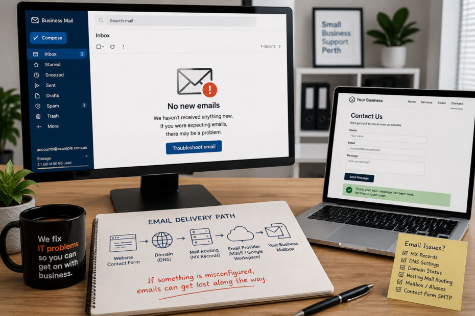 Business email troubleshooting involving domain DNS, website forms and incoming mail