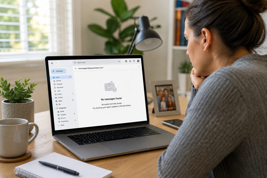 Person checking for a missing email from one sender on a laptop