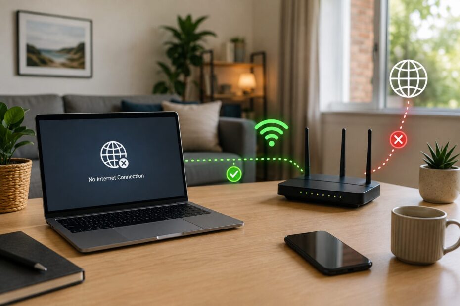 Laptop connected to Wi-Fi with a strong signal while the internet connection is unavailable