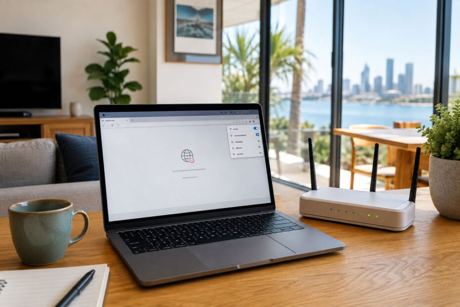 Laptop and Wi-Fi router in a Perth home during internet connection troubleshooting