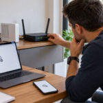Person checking modem, router and NBN equipment after restarting the router did not restore internet access
