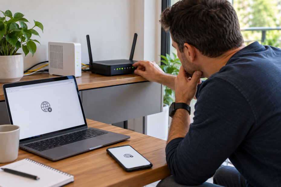 Person checking modem, router and NBN equipment after restarting the router did not restore internet access