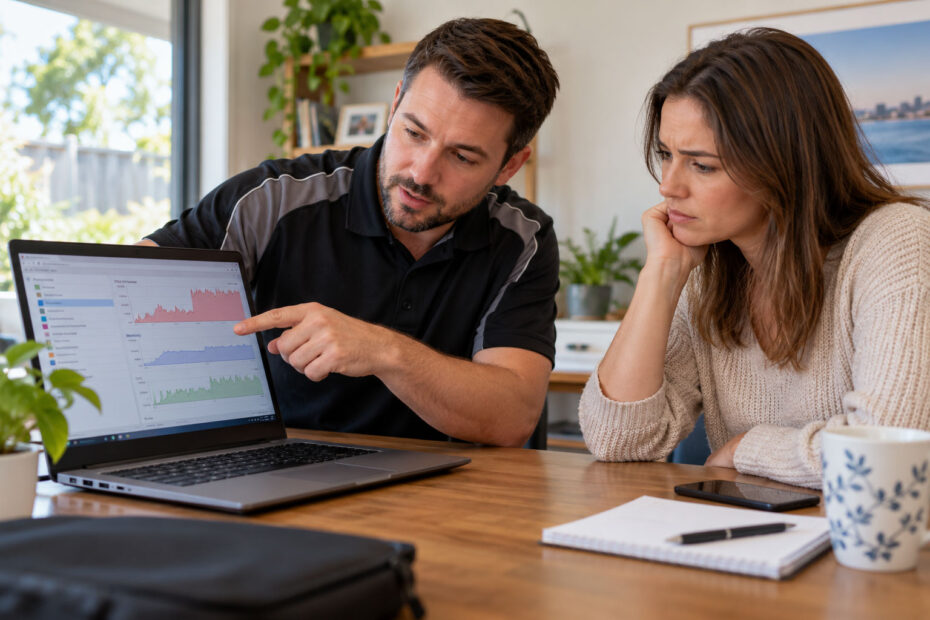 Technician diagnosing a slow laptop during an onsite computer support visit in Perth