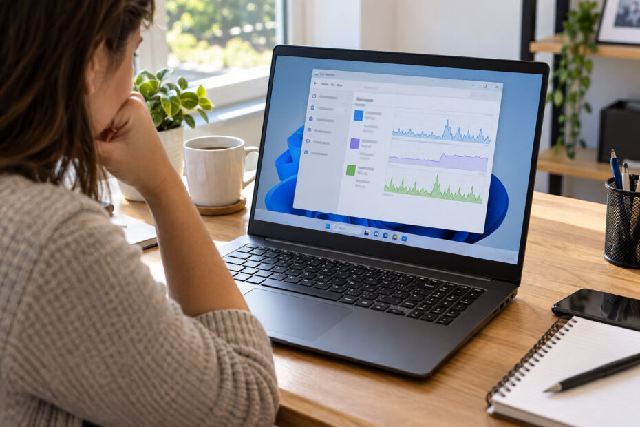 User checking a slow laptop to identify whether CPU, memory, disk or background activity is causing the slowdown